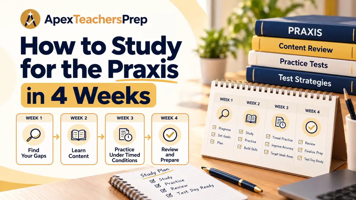 ApexTeachersPrep four-week Praxis study plan showing how to identify knowledge gaps, learn content, practice under timed conditions, and review before test day.