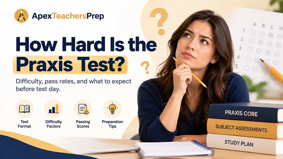 Teacher thoughtfully holding a pencil next to Praxis test prep books and an answer sheet, with icons for test format, difficulty factors, passing scores and preparation tips